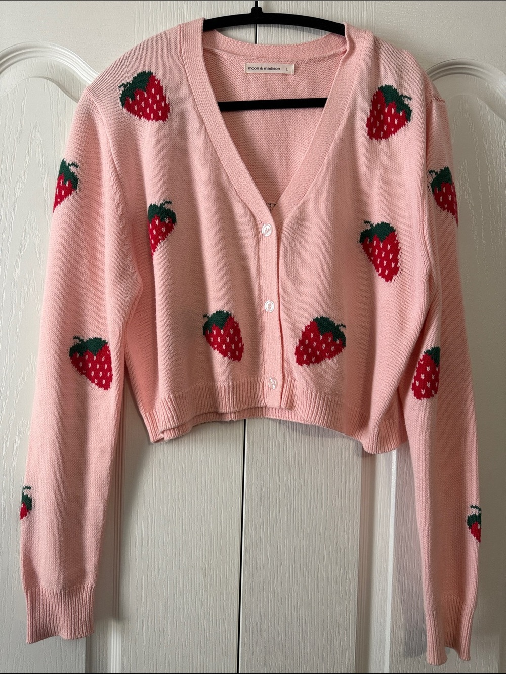 moon & madison Pink Strawberry-Print Cropped V-Neck Cardigan
